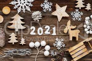 Rustic Wooden Christmas Decoration, 2021, Tree, Fir Cone And Sled