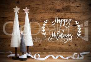 White Christmas Tree, Wooden Background, Text Happy Holidays