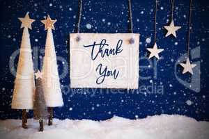 Christmas Tree, Blue Background, Snow, Text Thank You, Snowflakes