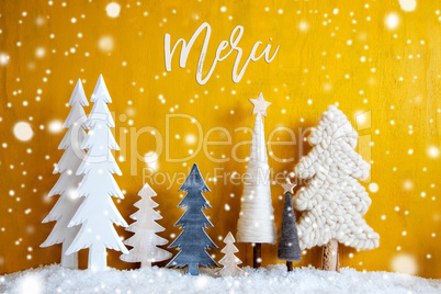 Christmas Trees, Snowflakes, Yellow Background, Merci Means Thank You