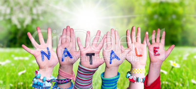 Children Hands Building Word Natale Means Christmas, Grass Meadow