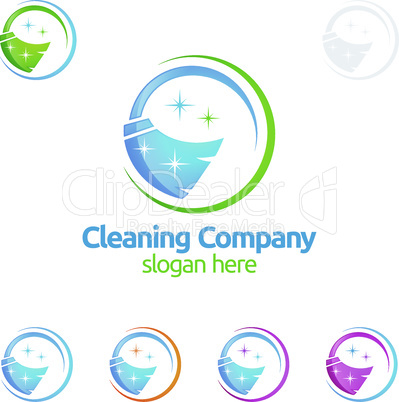 House Cleaning Vector Logo Design, Eco Friendly with shiny glass brush and spray Concept isolated on white Background