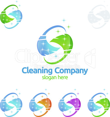 House Cleaning Vector Logo Design, Eco Friendly with shiny glass brush and spray Concept isolated on white Background