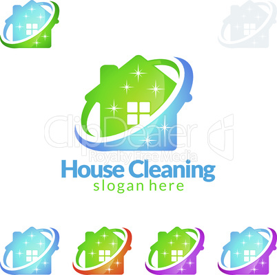 House Cleaning Vector Logo Design, Eco Friendly with shiny glass brush and spray Concept isolated on white Background