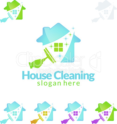 House Cleaning Vector Logo Design, Eco Friendly with shiny glass brush and spray Concept isolated on white Background