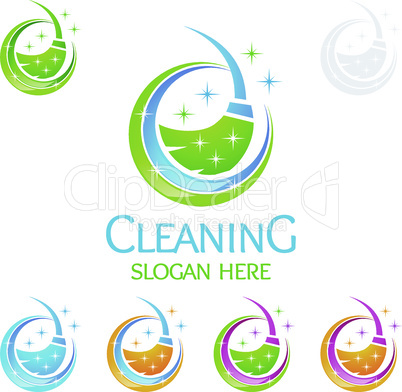 House Cleaning Vector Logo Design, Eco Friendly with shiny glass brush and spray Concept isolated on white Background