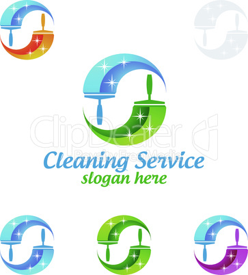 House Cleaning Vector Logo Design, Eco Friendly with shiny glass brush and spray Concept isolated on white Background