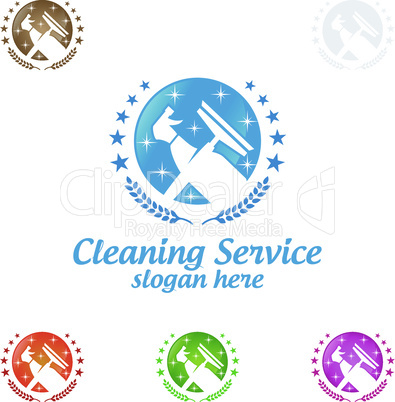 House Cleaning Vector Logo Design, Eco Friendly with shiny glass brush and spray Concept isolated on white Background