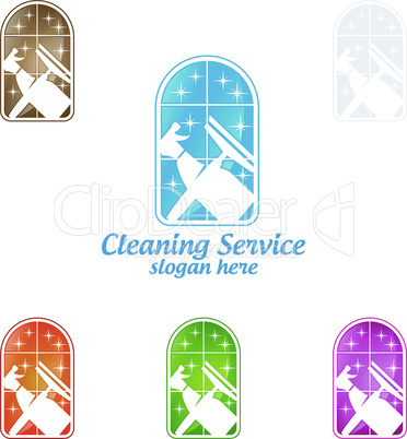 House Cleaning Vector Logo Design, Eco Friendly with shiny glass brush and spray Concept isolated on white Background