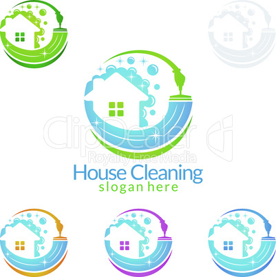 House Cleaning Vector Logo Design, Eco Friendly with shiny glass brush and spray Concept isolated on white Background