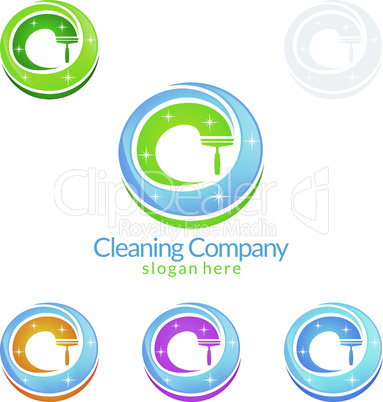 House Cleaning Vector Logo Design, Eco Friendly with shiny glass brush and spray Concept isolated on white Background