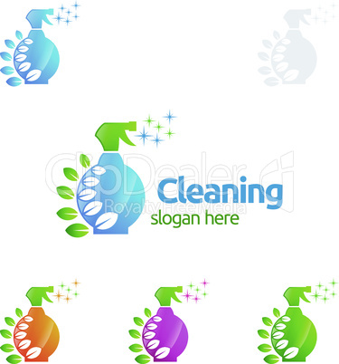 House Cleaning Vector Logo Design, Eco Friendly with shiny glass brush and spray Concept isolated on white Background