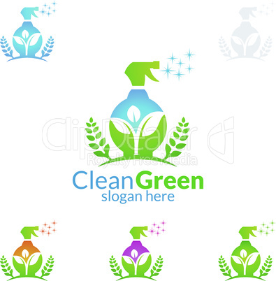 House Cleaning Vector Logo Design, Eco Friendly with shiny glass brush and spray Concept isolated on white Background