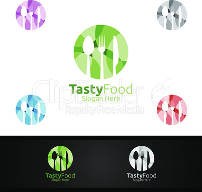 Healthy Food Logo Template. Organic Vector Design.for Menu Restaurant or Cafe, Fork, Spoon and leaves Concept