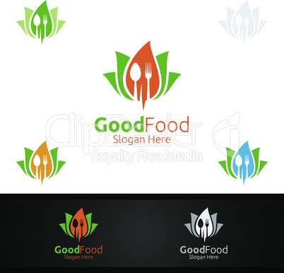 Healthy Food Logo Template. Organic Vector Design.for Menu Restaurant or Cafe, Fork, Spoon and leaves Concept