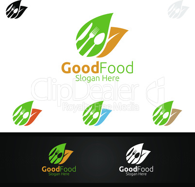 Healthy Food Logo Template. Organic Vector Design.for Menu Restaurant or Cafe, Fork, Spoon and leaves Concept