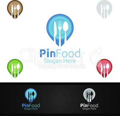 Pin Healthy Food Logo Template. Organic Vector Design.for Menu Restaurant or Cafe, Fork, Spoon and leaves Concept