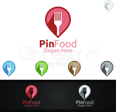 Pin Healthy Food Logo Template. Organic Vector Design.for Menu Restaurant or Cafe, Fork, Spoon and leaves Concept