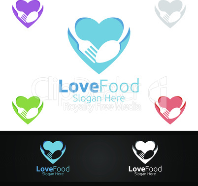 Love Healthy Food Logo Template. Organic Vector Design.for Menu Restaurant or Cafe, Fork, Spoon and leaves Concept