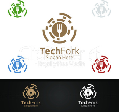 Tech Fork Healthy Food Logo Template for Restaurant or Cafe