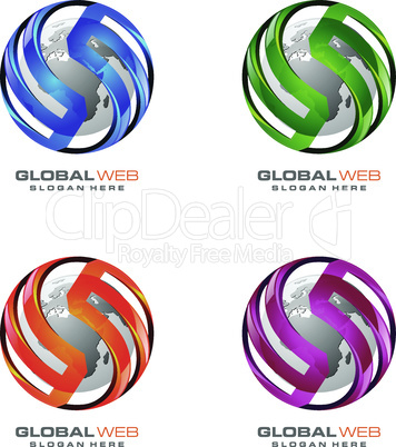Global logo with ring sphere and digital world motion vector logo design