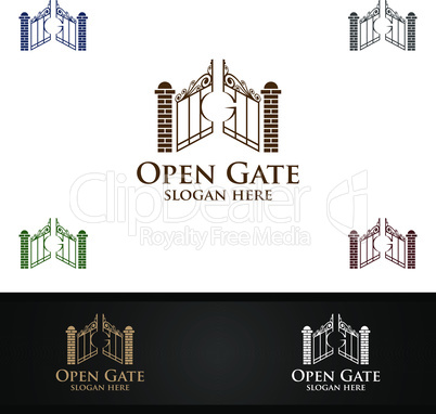 Real estate Logo with Open Gate Property and Home shape