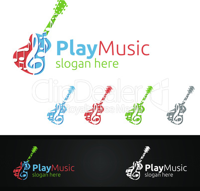 Music Logo with Note and Guitar Concept