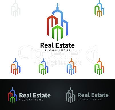 Real estate Vector Logo Design, Abstract Building and Home with line shape represented unique, strong and modern Real estate Logo Design