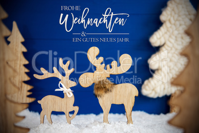 Christmas Tree, Moose Couple In Love, Snow, Gutes Neues Jahr Mean Happy New Year