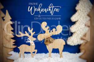 Christmas Tree, Moose Couple In Love, Snow, Gutes Neues Jahr Mean Happy New Year