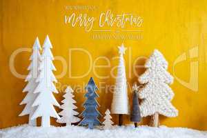 Christmas Trees, Snow, Yellow Background, Merry Christmas And A Happy New Year