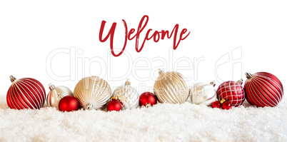 Christmas Ball Ornament, Calligraphy Welcome, Snow, White Background