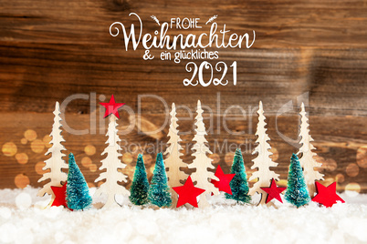 Christmas Tree, Snow, Red Star, Glueckliches 2021 Means Happy 2021, Wood