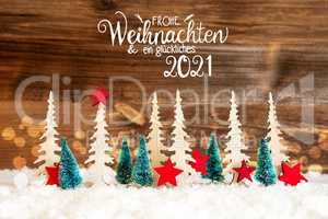 Christmas Tree, Snow, Red Star, Glueckliches 2021 Means Happy 2021, Wood