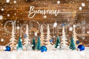 Christmas Tree, Snowflakes, Blue Star, Ball, Bienvenue Means Welcome,, Wood