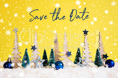 Christmas Tree, Snowflakes, Blue Star, Ball, Save The Date, Yellow Background