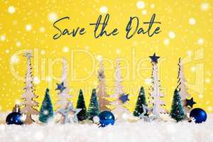 Christmas Tree, Snowflakes, Blue Star, Ball, Save The Date, Yellow Background
