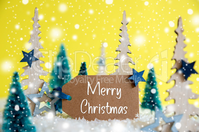 Christmas Trees, Snowflakes, Yellow Background, Label, Merry Christmas