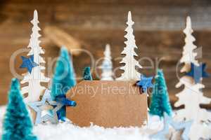 Christmas Trees, Snow, Wooden Background, Label, Copy Space