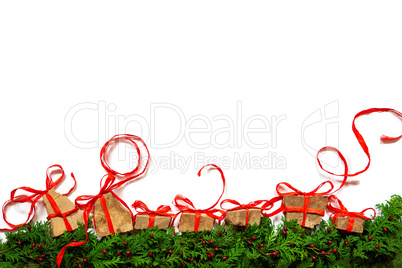 Green Fir Branch, Christmas Gift And Presents, White Isolated Background