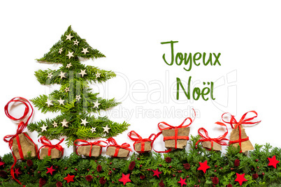 Tree, Fir Branch, Gifts, Silver Stars, Joyeux Noel Means Merry Christmas