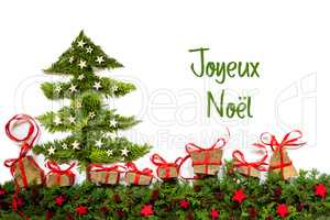 Tree, Fir Branch, Gifts, Silver Stars, Joyeux Noel Means Merry Christmas