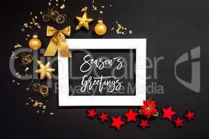 Frame, Red And Golden Christmas Decoration, Text Seasons Greetings