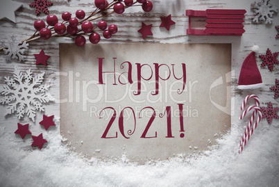 Red Christmas Decoration, Snow, English Text Happy 2021