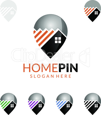 Real estate vector logo design, simple realty with pin and house represented strong, location,searching and modern real estate