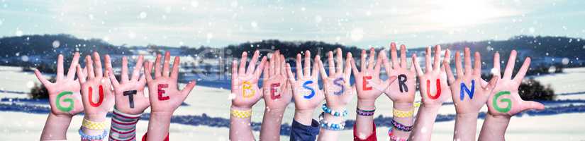 Children Hands Building Gute Besserung Means Get Well Soon, Winter Background