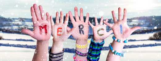 Children Hands Building Word Merci Means Thank You, Snowy Winter Background