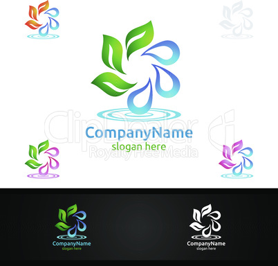 Recycle Blue Water Drop with Green Leaf Ecology Vector Logo Design