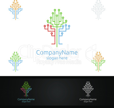 Tree Technology Logo with Wires it and electronic cable, Connection Pixel Mobile Concept