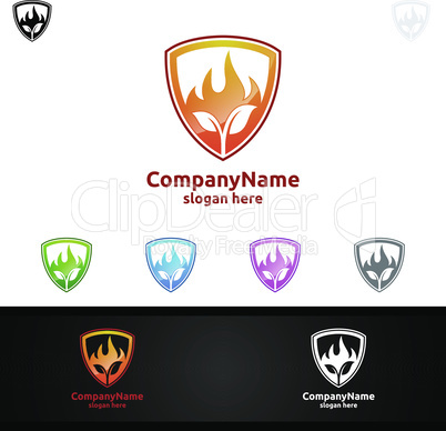 Fire and Flame with leaf Logo Design Concept